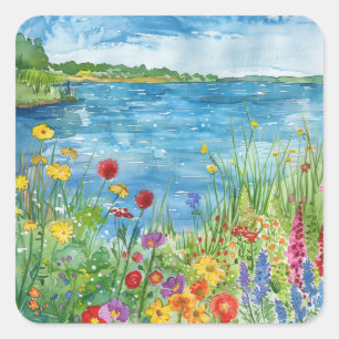 Sticker Carré Fleurs sauvages au bord d'un lac