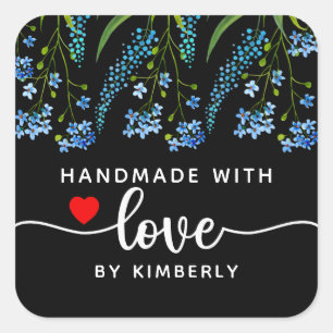 Sticker Carré Fleurs sauvages bleus fait main avec amour noir