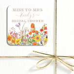 Sticker Carré Fleurs Sauvages Colorées Pays Floral Mlle À Mme.<br><div class="desc">Mariage campagnard de fleurs sauvages colorées Miss To Mrs Fête des mariées Cadeau Favor Stickers Étiquettes présente de jolies fleurs de campagne en orange, jaune, violet et rose sur un arrière - plan blanc avec vos informations personnalisées. Parfait pour votre soirée spéciale Hen's Party, Bachelorette Party, Fête des mariées, Pamper...</div>