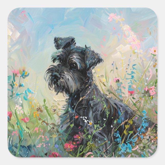 Sticker Carré Fleurs sauvages colorés Schnauzer (Devant)