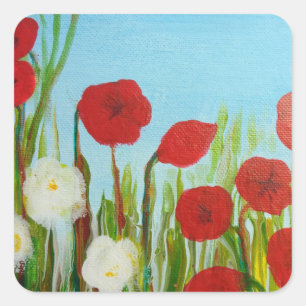 Sticker Carré Fleurs sauvages coquelicots et marguerites