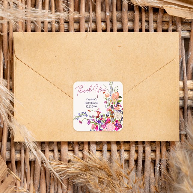 Sticker Carré Fleurs sauvages modernes merci baby shower (Modern wild flowers thank you bridal shower square sticker)