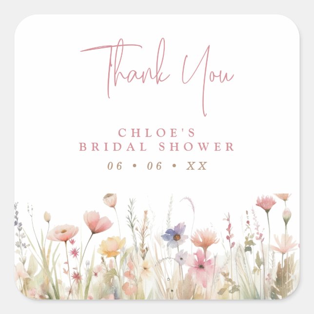 Sticker Carré Fleurs sauvages roses Merci Faveur de la douche de (Devant)