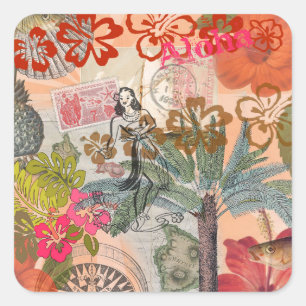 Sticker Carré Fleurs Vintage Hula Coloré Hawaïen Tropical