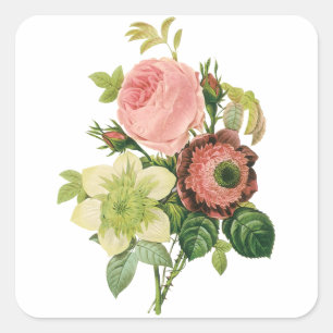 Sticker Carré Fleurs vintages, Anémones Roses Clematis par Redou