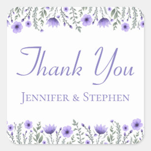Sticker Carré Fleurs Violet Merci Watercolor Fleurs Mariage