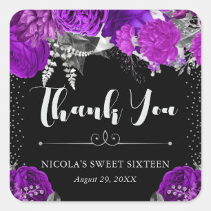 Sticker Carré Fleurs violettes et argentées à l'aquarelle Sweet