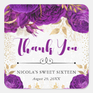 Sticker Carré Fleurs violettes et dorées à l'aquarelle Sweet 16