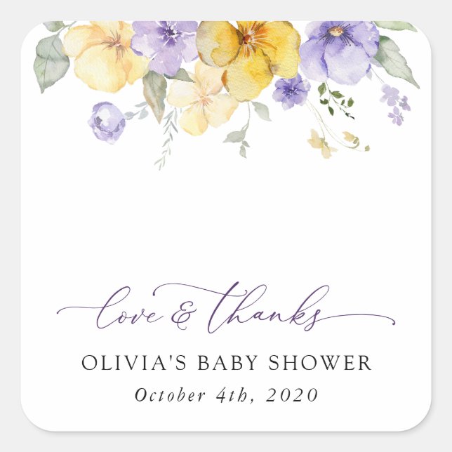 Sticker Carré Fleurs violettes, Fleurs Jaunes, Boho, Baby shower (Devant)