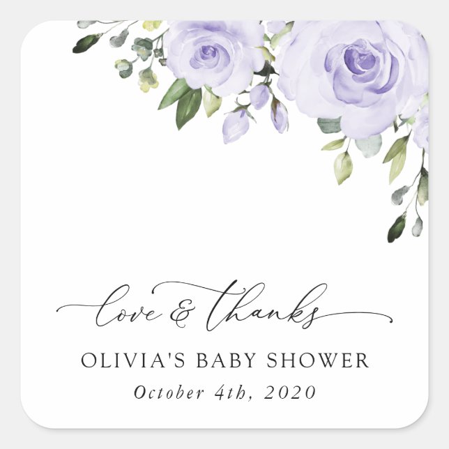Sticker Carré Fleurs violettes, Lilac Flowers, Boho, Baby shower (Devant)