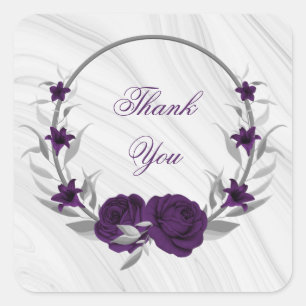 Sticker Carré fleurs violettes royales marbre feuille argent