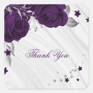 Sticker Carré fleurs violettes royales marbre feuille argent