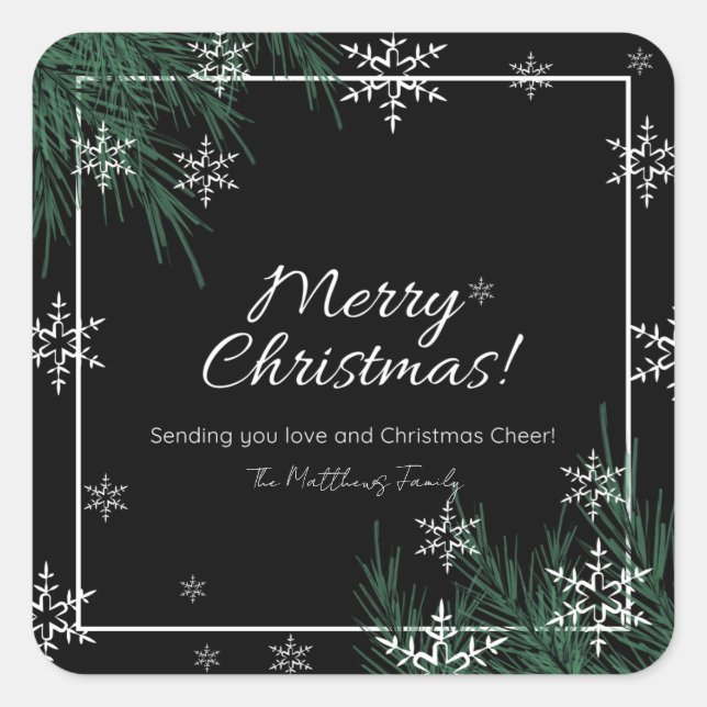 Sticker Carré Flocon de neige blanc vert Noël Nom de famille (Devant)