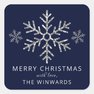 Sticker Carré Flocon de Neige de Noël Pailleté Bleu & Argent Fêt