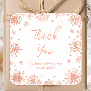 Sticker Carré Flocons de neige en or rose Baby Shower Merci