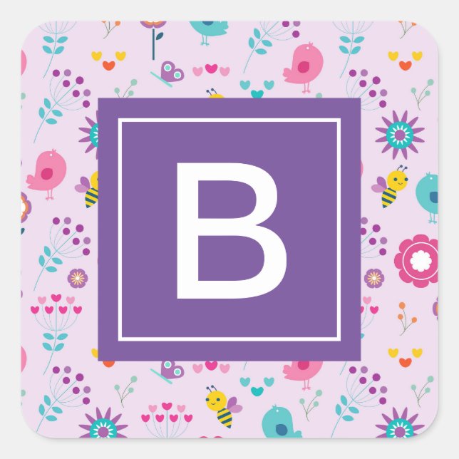 Sticker Carré Floral Abeille Motif Violet Monogramme Enfants (Devant)