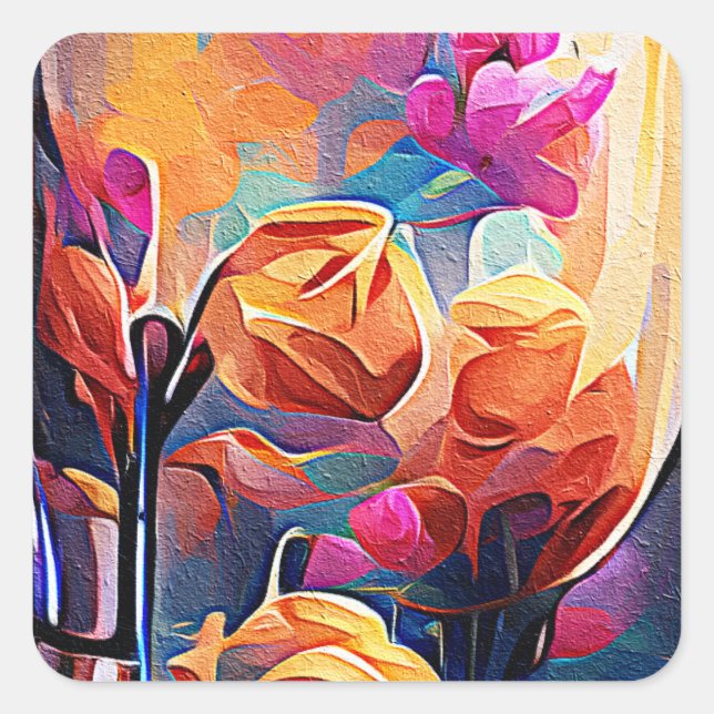 Sticker Carré Floral Abstract Art Orange Red Blue Flowers (Devant)