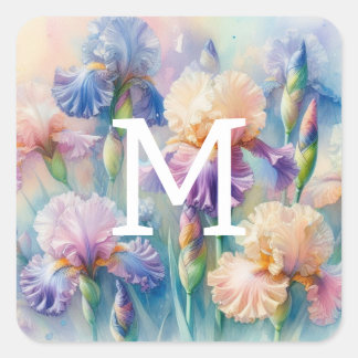 Sticker Carré Floral aquarelle monogramme iris violet fleurs