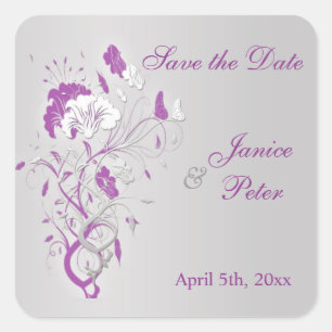 Sticker Carré Floral argent violet, papillon Enregistrer la date