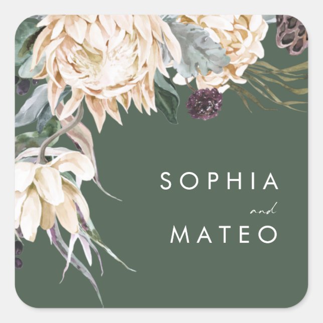 Sticker Carré Floral blanc | Phoques d'enveloppe Mariage vert fo (Devant)