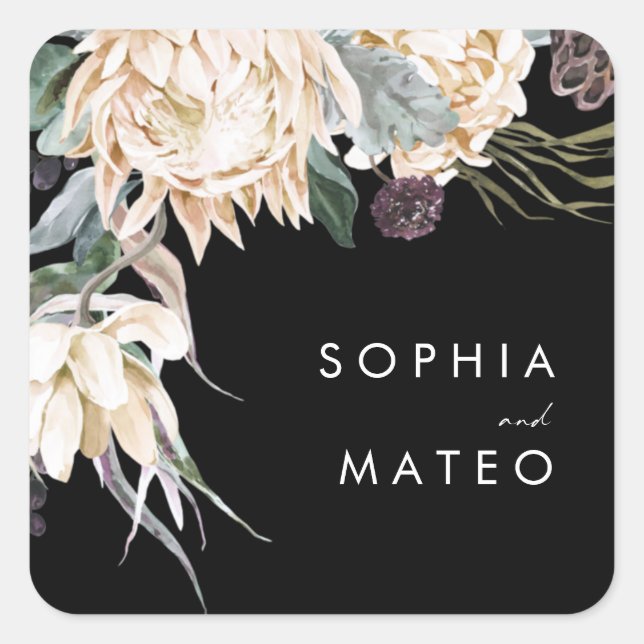 Sticker Carré Floral blanc | Phoques d'enveloppes de Mariage noi (Devant)