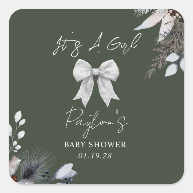 Sticker Carré Floral Bow Winter Green Girl Baby shower (Devant)