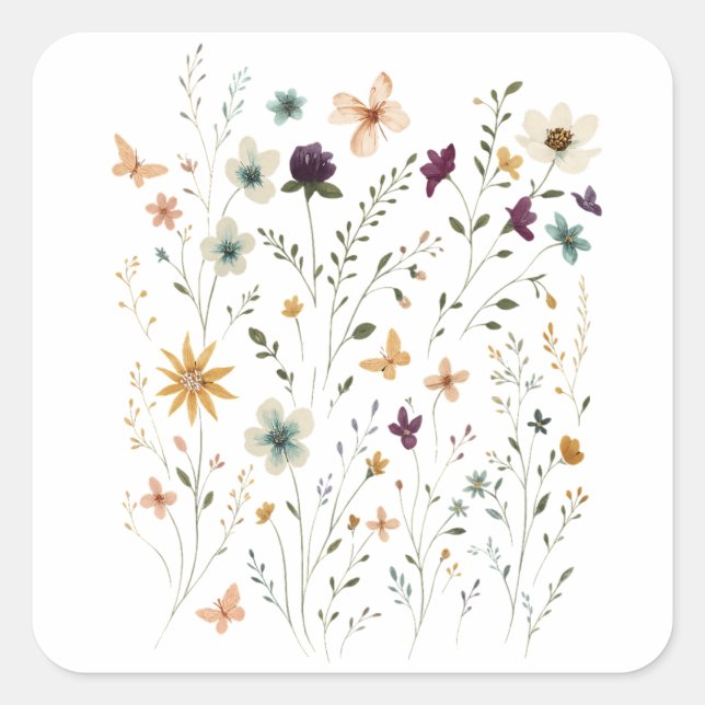Sticker Carré Floral & Butterfly,  Whimsical Garden-Inspired  (Devant)