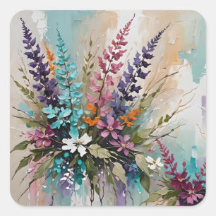 Sticker Carré Floral coloré sur Bleu Beige Blanc Lavande