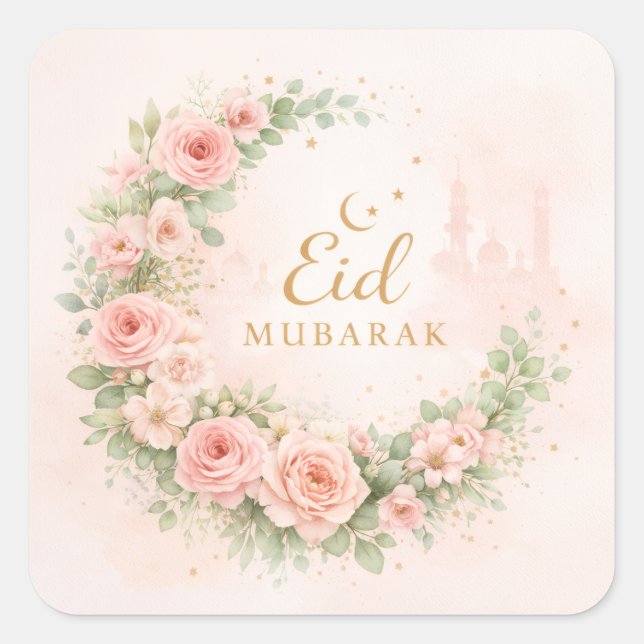 Sticker Carré Floral Crescent Eid Mubarak Stickers– Soft Pink & (Devant)