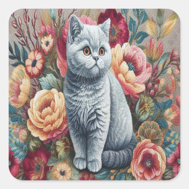 Sticker Carré Floral Delal British shorthair Chat, Cute Kitten (Devant)