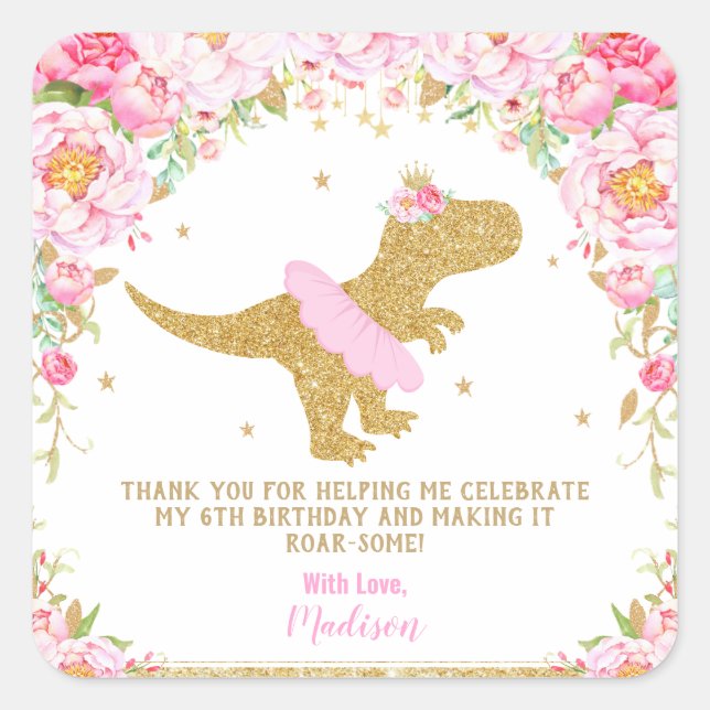 Sticker Carré Floral Dinosaur fête d'anniversaire rose et Gold F (Devant)