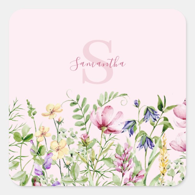 Sticker Carré Floral Fleur sauvage rose Personnalisé (Devant)