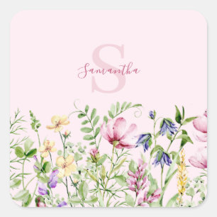 Sticker Carré Floral Fleur sauvage rose Personnalisé