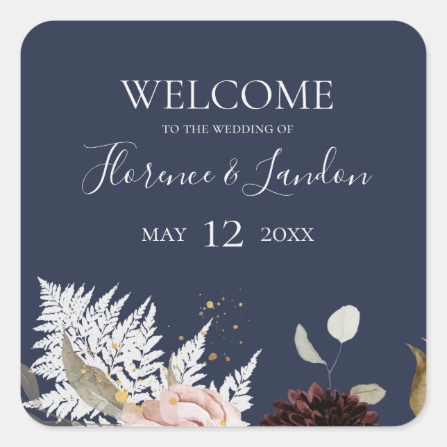 Sticker Carré Floral flush moderne | Bienvenue au Mariage de la  (Devant)