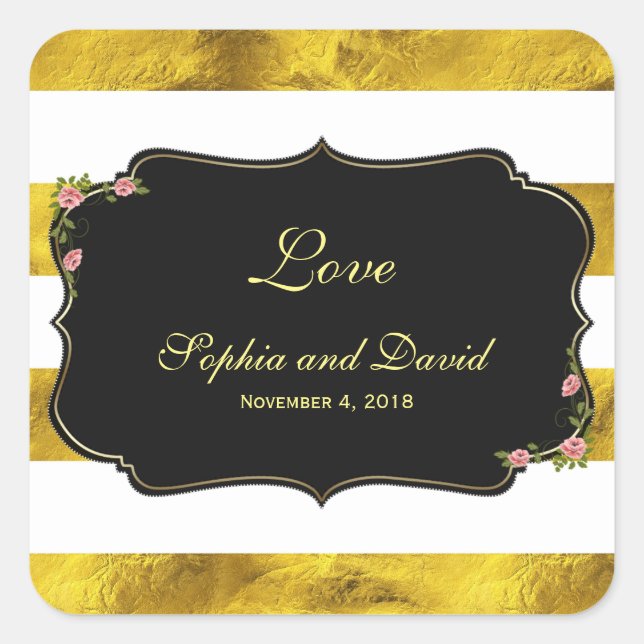 Sticker Carré Floral Gold Foil White Stripes Mariage personnalis (Devant)