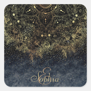 Sticker Carré Floral Mandala or bleu