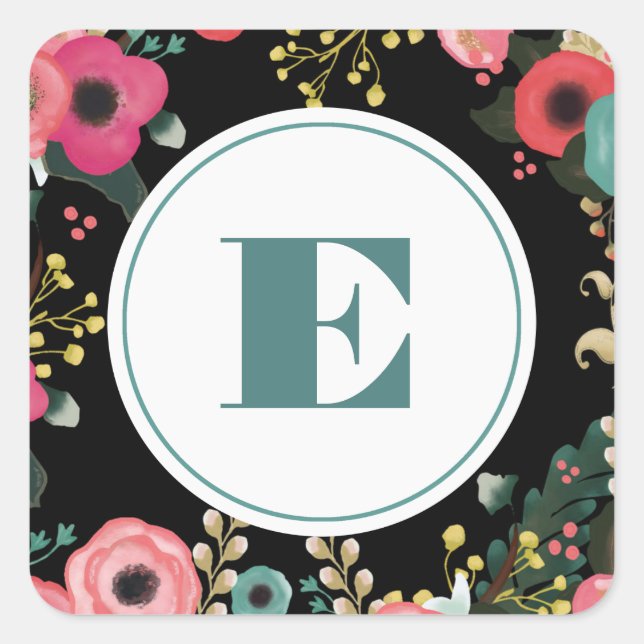 Sticker Carré Floral moderne noir | Rose | Mariage Monogramme Tu (Devant)