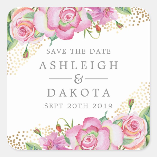 Sticker Carré Floral moderne Rose Gold Confetti Mariage (Devant)