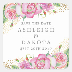 Sticker Carré Floral moderne Rose Gold Confetti Mariage