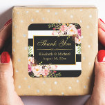 Sticker Carré Floral noir blanc rayé or Merci cadre<br><div class="desc">Sticker en Merci à cadre or rayé noir floral. (1) Pour plus de personnalisation,  cliquez sur le lien "customiser plus loin" et utilisez notre outil de conception pour modifier ce modèle. (2) Si vous avez besoin d'aide ou d'articles correspondants,  veuillez me contacter.</div>