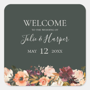Sticker Carré Floral Orange Bourgogne Bienvenue au Mariage ver