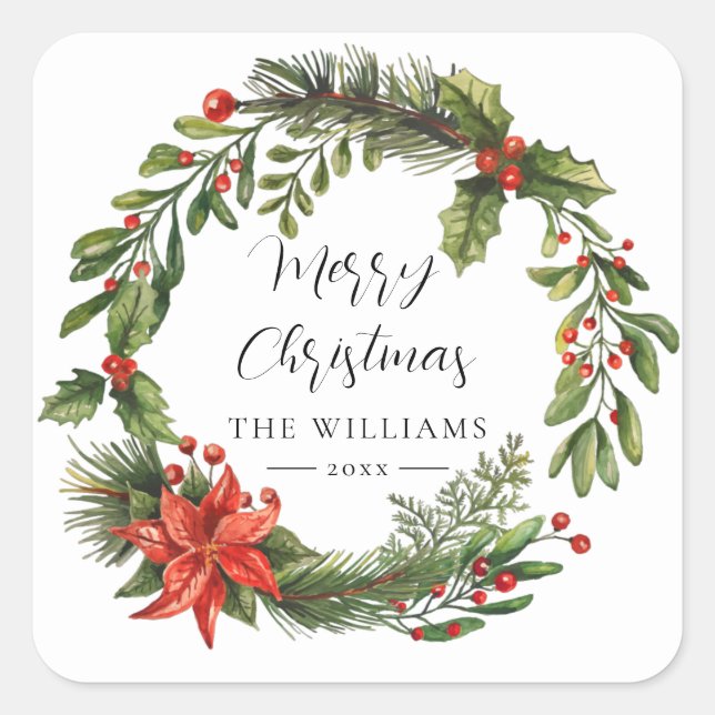 Sticker Carré Floral Poinsettia Verdure Famille Noël Personnalis (Devant)