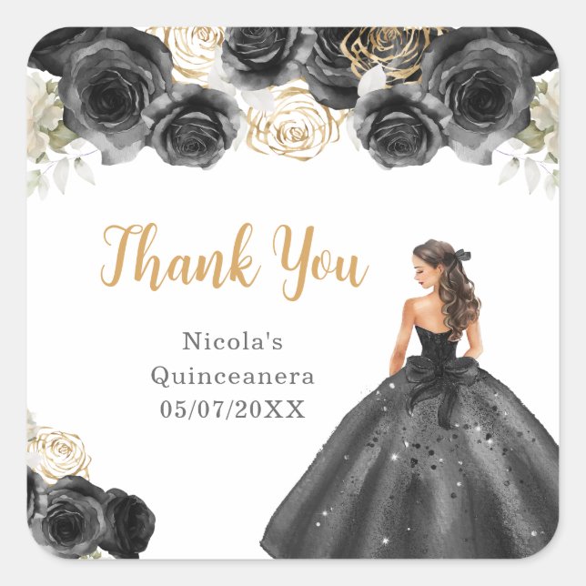 Sticker Carré Floral Princess in Black Dress Quinceanera (Devant)