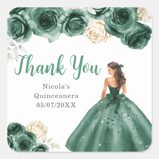 Sticker Carré Floral Princess in Dark Green Dress Quinceanera (Devant)