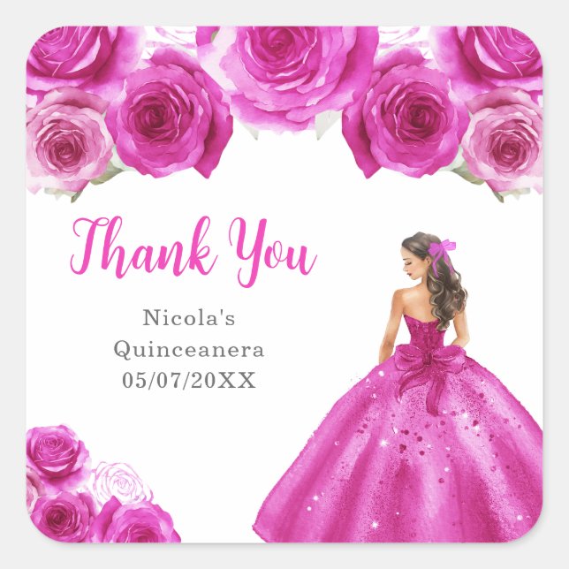 Sticker Carré Floral Princess in Hot Pink Dress Quinceanera (Devant)