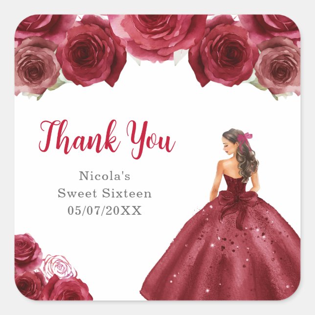 Sticker Carré Floral Princess in Red Dress Sweet Sixteen (Devant)