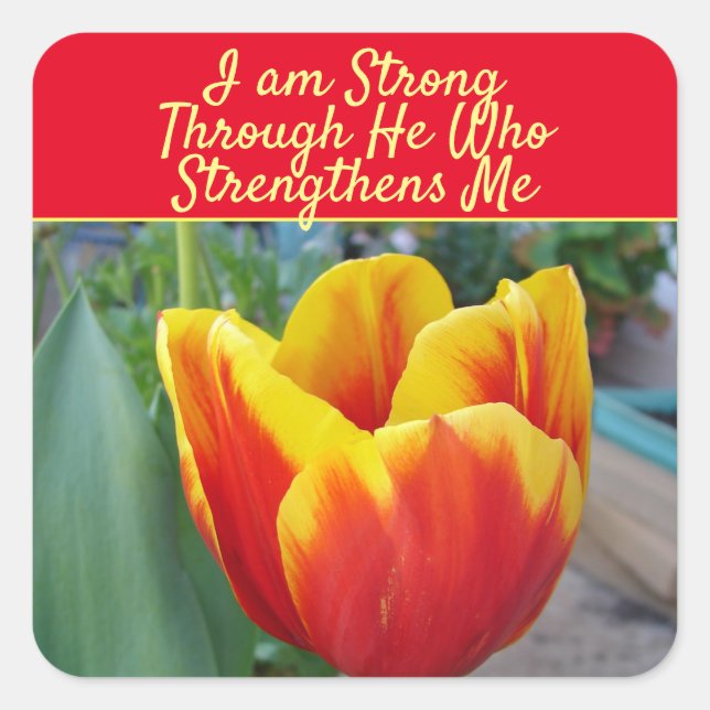 Sticker Carré Floral Red Yellow Tulip God Quote I Am Strong (Devant)