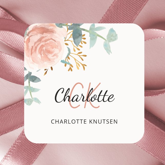 Sticker Carré Floral rose or verdure merci (Créateur téléchargé)