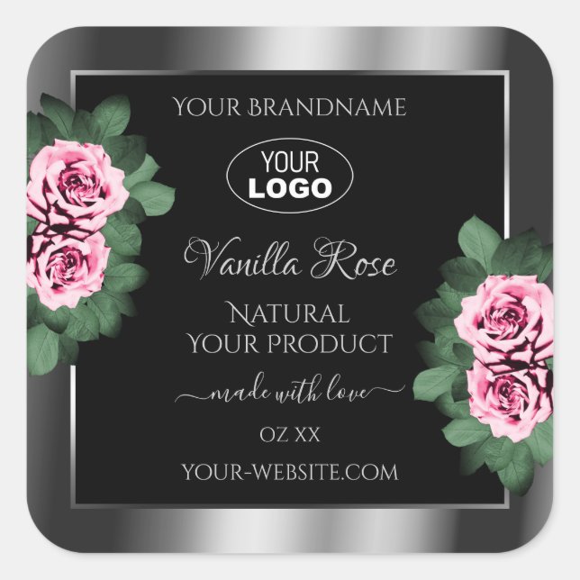 Sticker Carré Floral Rose Roses Argent Noir Produit Logo Étiquet (Devant)