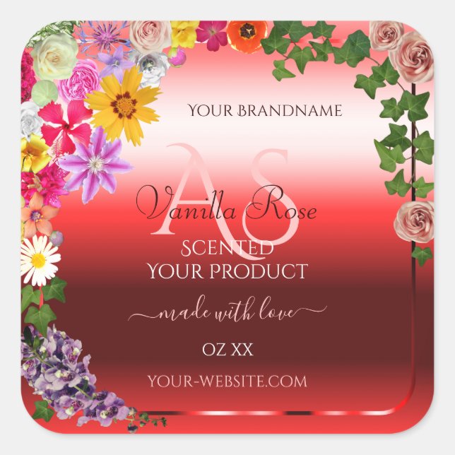 Sticker Carré Floral Ruby Red Gradient Produit Monogramme Étique (Devant)
